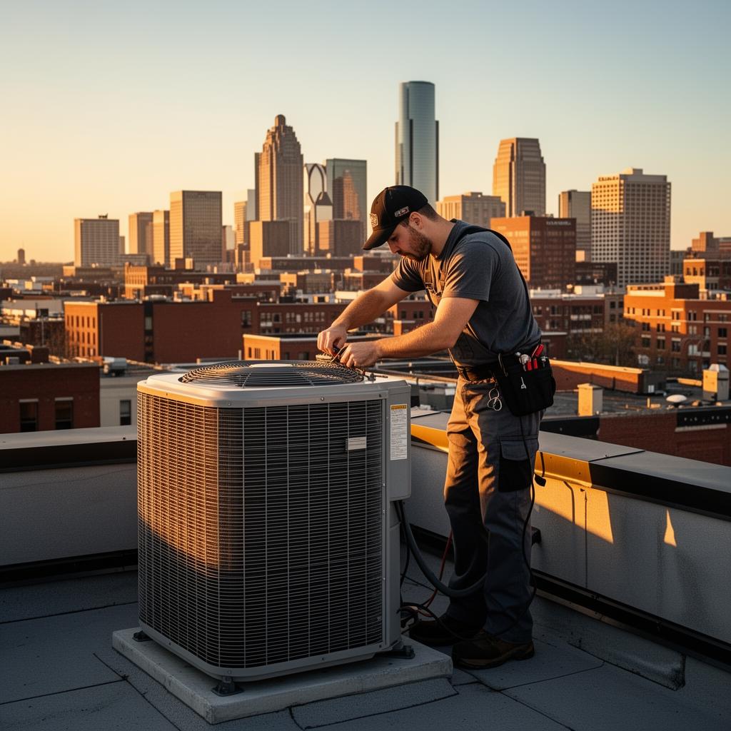 HVAC technician working on rooftop unit